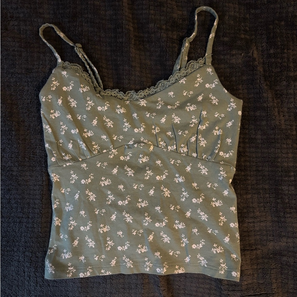Hollister Green Floral Camisole with Lace Trim